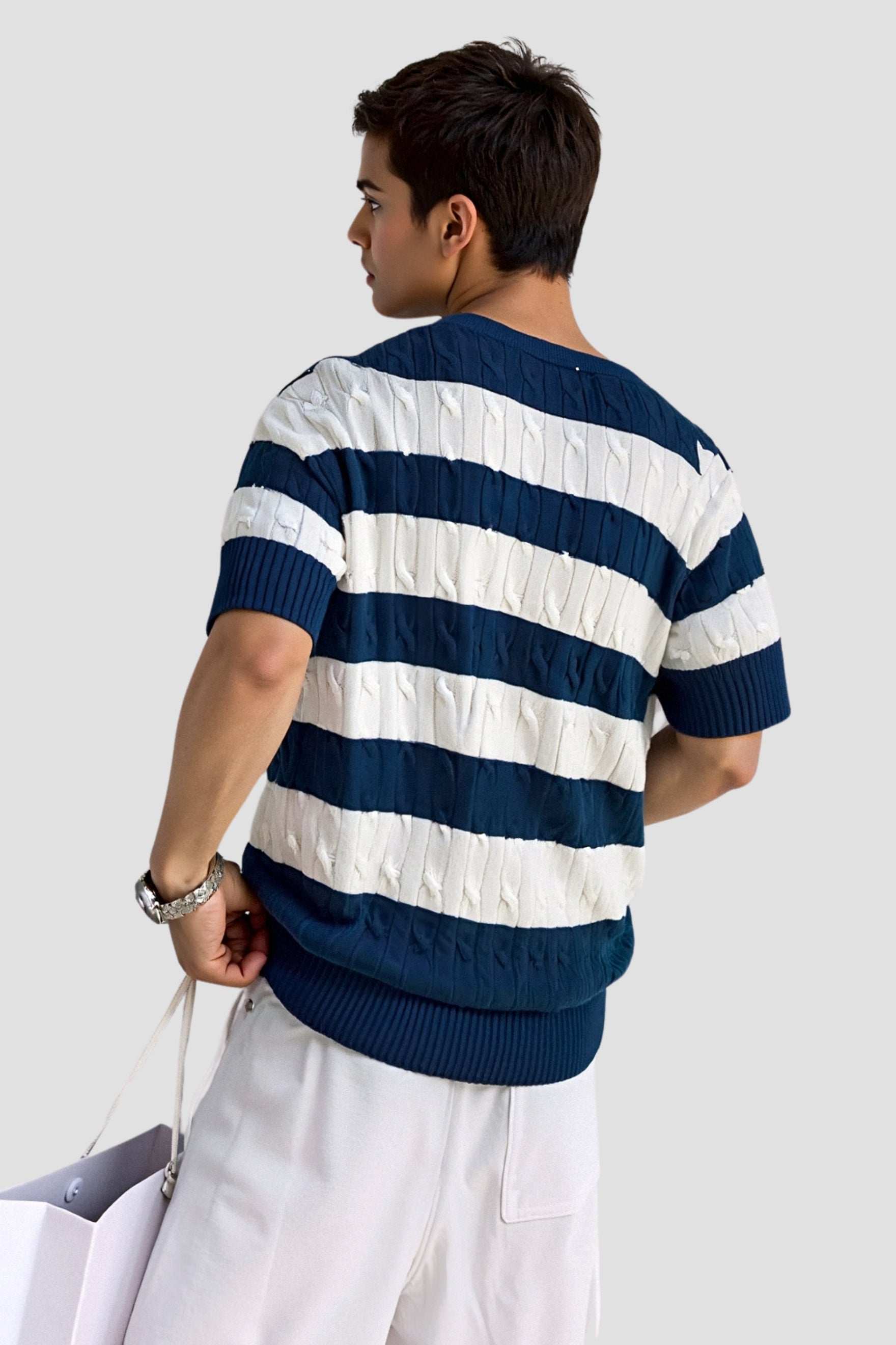 Crew Neck Cable Knit Streifend T-hemd